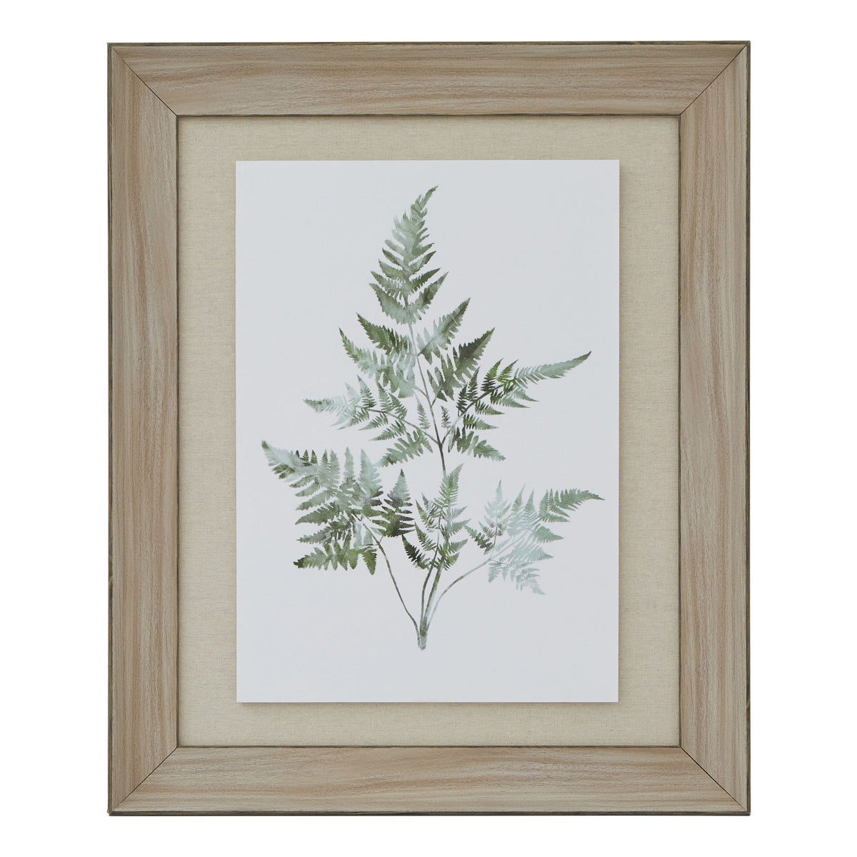Front view of portrait fern artwork with branching green fronds on white, a beige surround and a broad washed-brown frame.