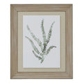 Front view of portrait botanical artwork with green leafy fronds on white, a beige surround and a broad washed-brown frame.