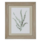 Front view of portrait botanical artwork with green leafy fronds on white, a beige surround and a broad washed-brown frame.