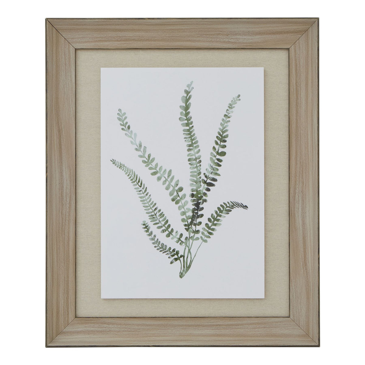 Front view of portrait botanical artwork with green leafy fronds on white, a beige surround and a broad washed-brown frame.