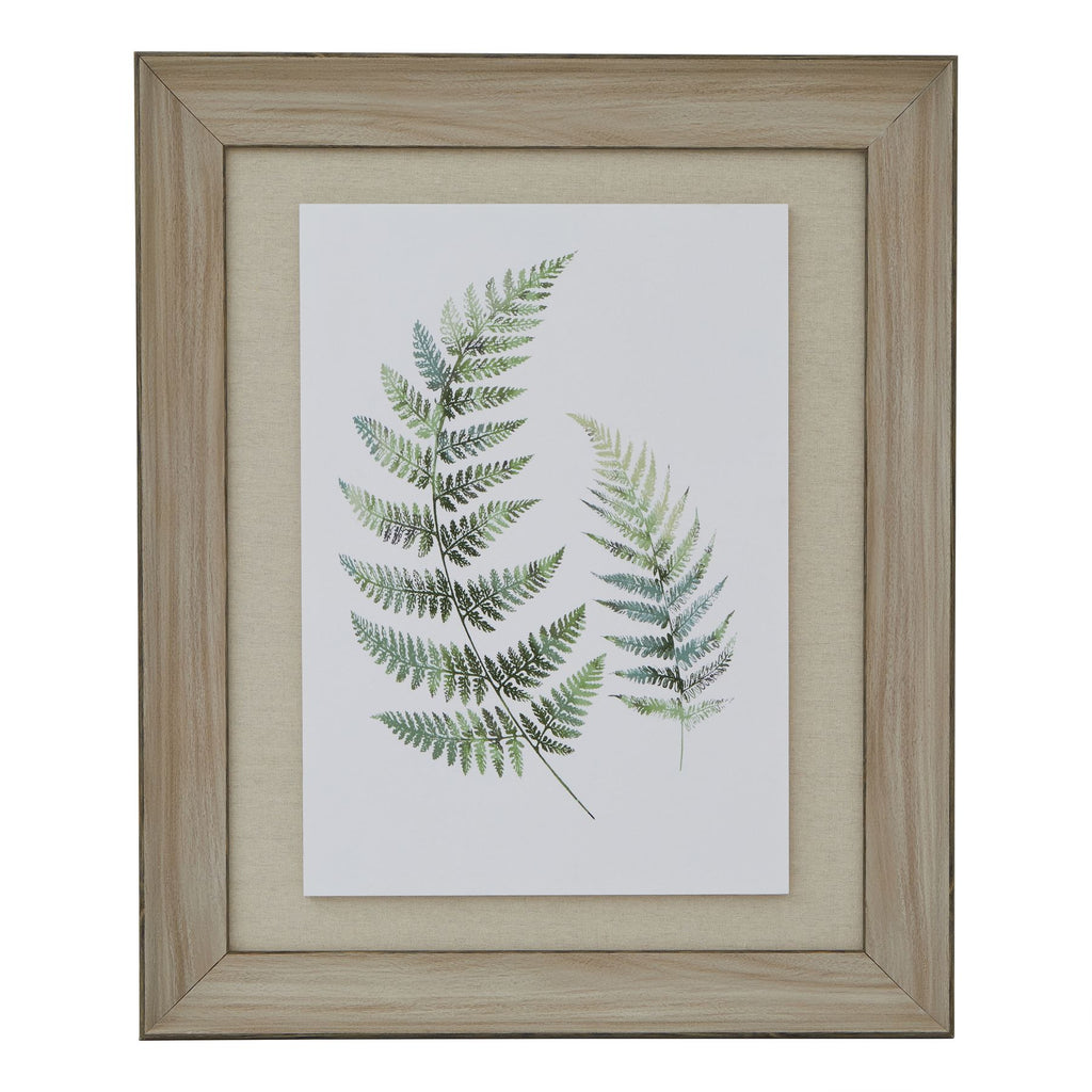 Front view of Two Fronds artwork with two green ferns on white, a beige mount and a pale wood-grain-look rectangular frame.