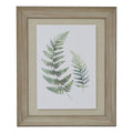 Front view of Two Fronds artwork with two green ferns on white, a beige mount and a pale wood-grain-look rectangular frame.