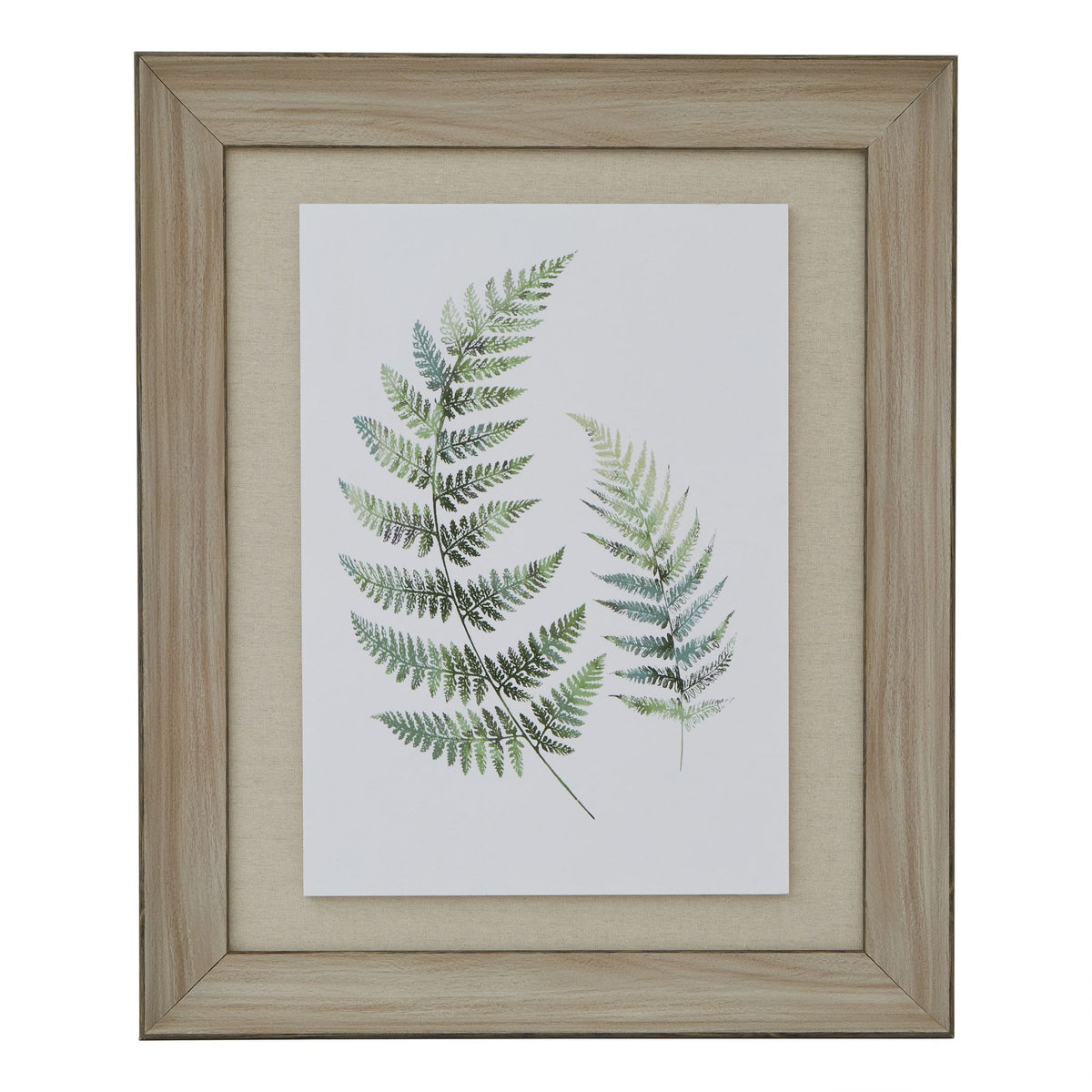 Front view of Two Fronds artwork with two green ferns on white, a beige mount and a pale wood-grain-look rectangular frame.