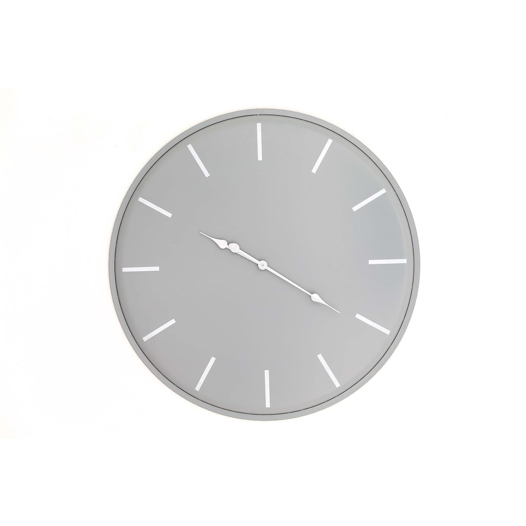 Full front view of a round pale grey wall clock with white baton markers, a narrow grey rim and pointed white hands.