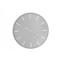 Full front view of a round pale grey wall clock with white baton markers, a narrow grey rim and pointed white hands.