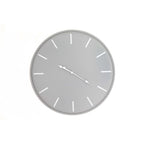 Full front view of a round pale grey wall clock with white baton markers, a narrow grey rim and pointed white hands.
