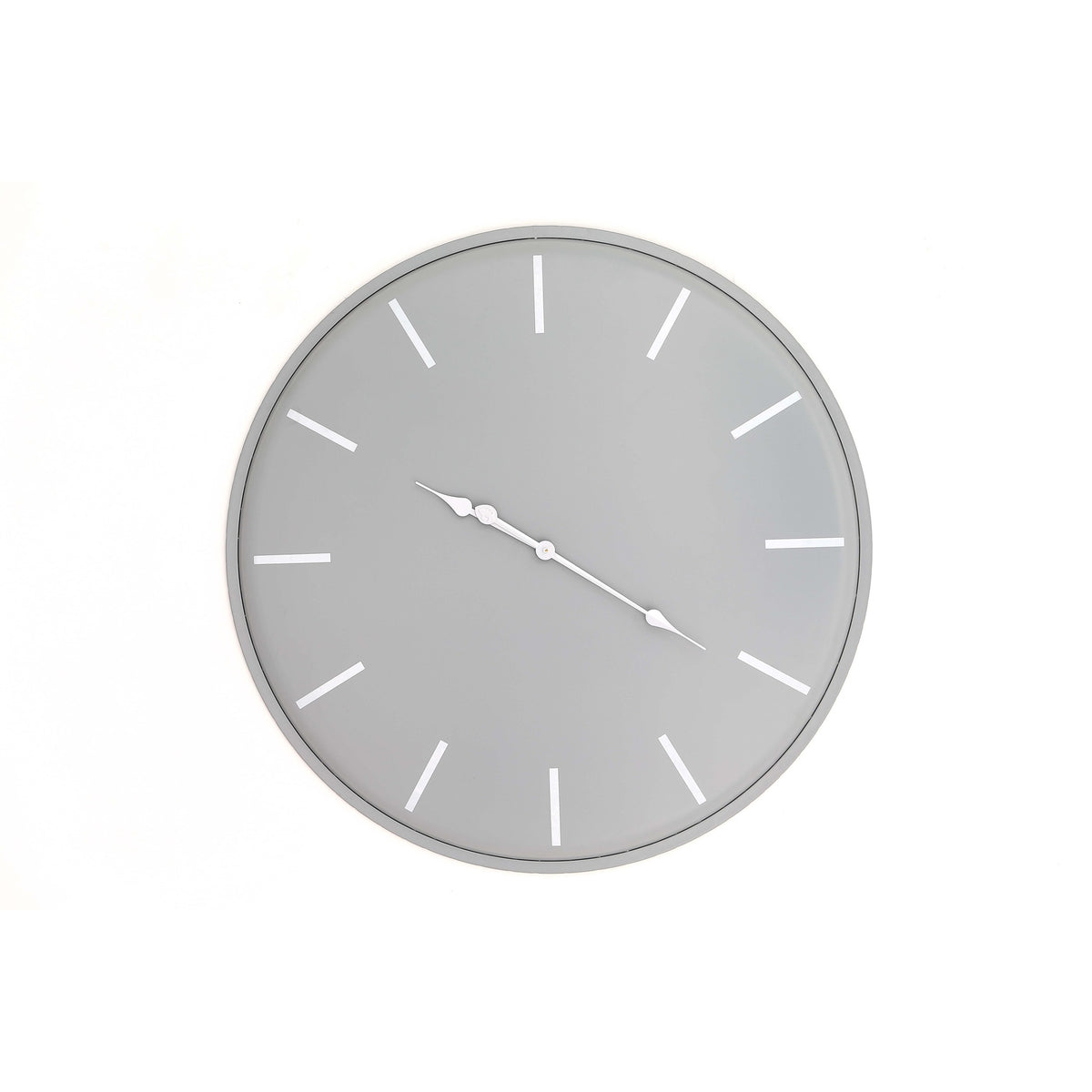 Full front view of a round pale grey wall clock with white baton markers, a narrow grey rim and pointed white hands.