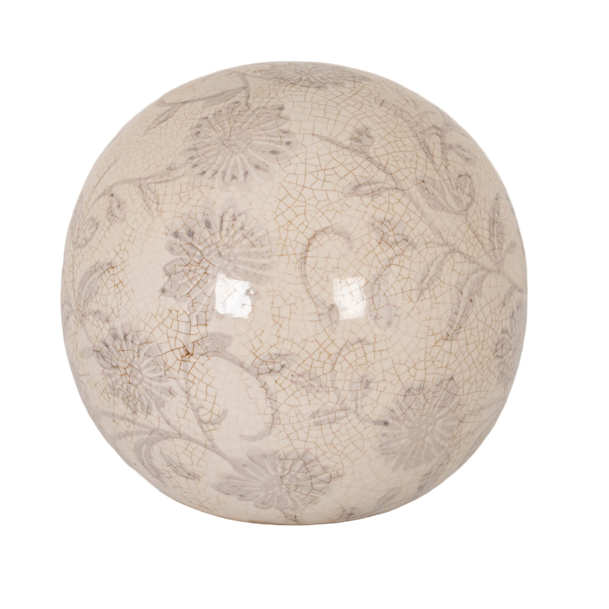 Cream-toned decorative ball with pale grey floral scrolls, fine warm-toned crackle-like lines and glossy reflections against a white background.