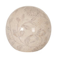 Rounded ivory-toned decorative ball with faint grey floral scrolls, fine warm-toned crackle-effect lines and a glossy surface against a white background.