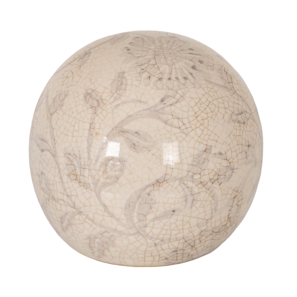 Rounded ivory-toned decorative ball with faint grey floral scrolls, fine warm-toned crackle-effect lines and a glossy surface against a white background.