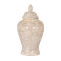 Lidded ginger jar on a white background, with pale grey floral scrolls, fine brown crackle-like lines, a pointed oval finial and a flared foot.