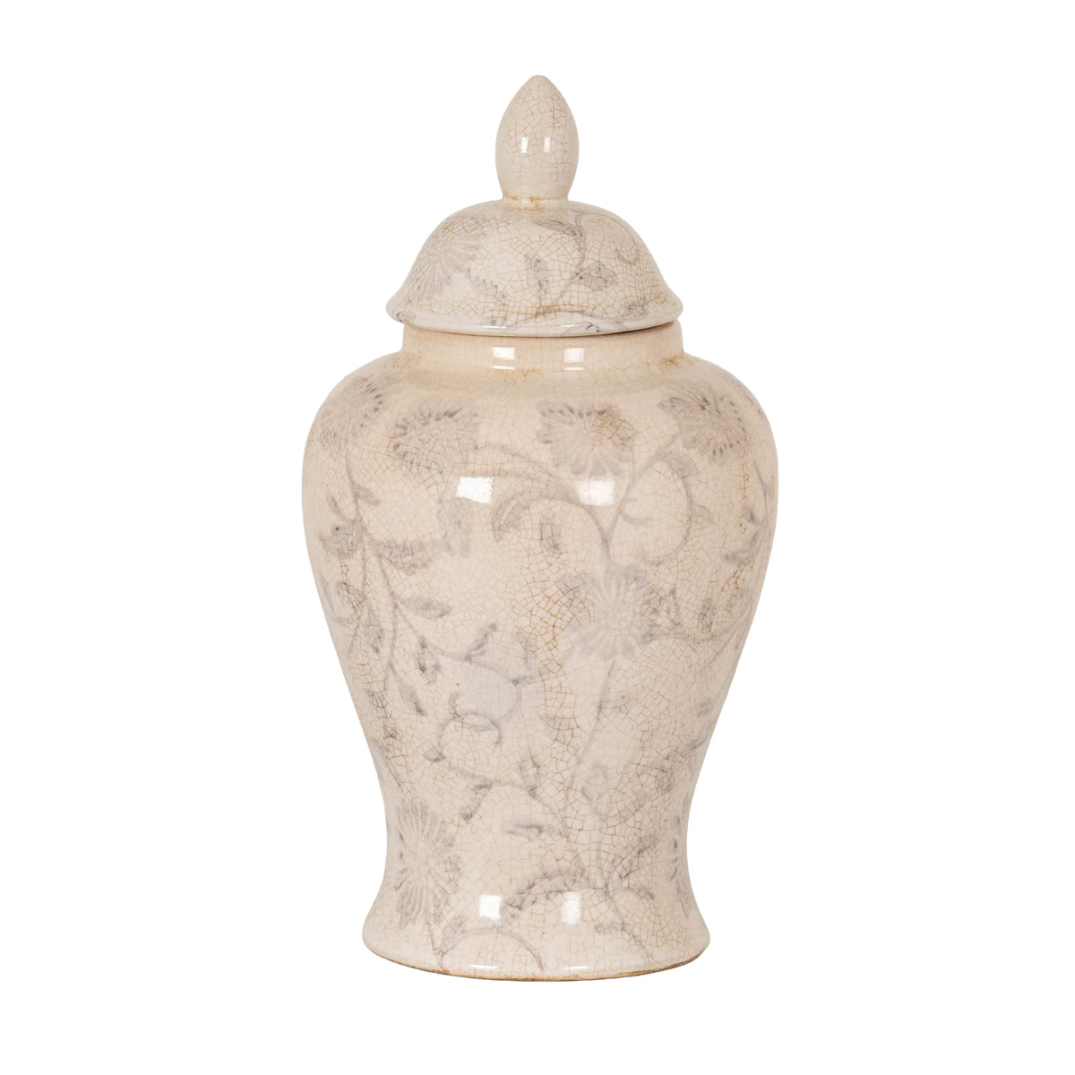 Lidded ginger jar on a white background, with pale grey floral scrolls, fine brown crackle-like lines, a pointed oval finial and a flared foot.