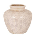 Cream rounded planter with grey flowers and curling scrolls, fine brown crackle-like lines and a wide rolled rim, shown against white.