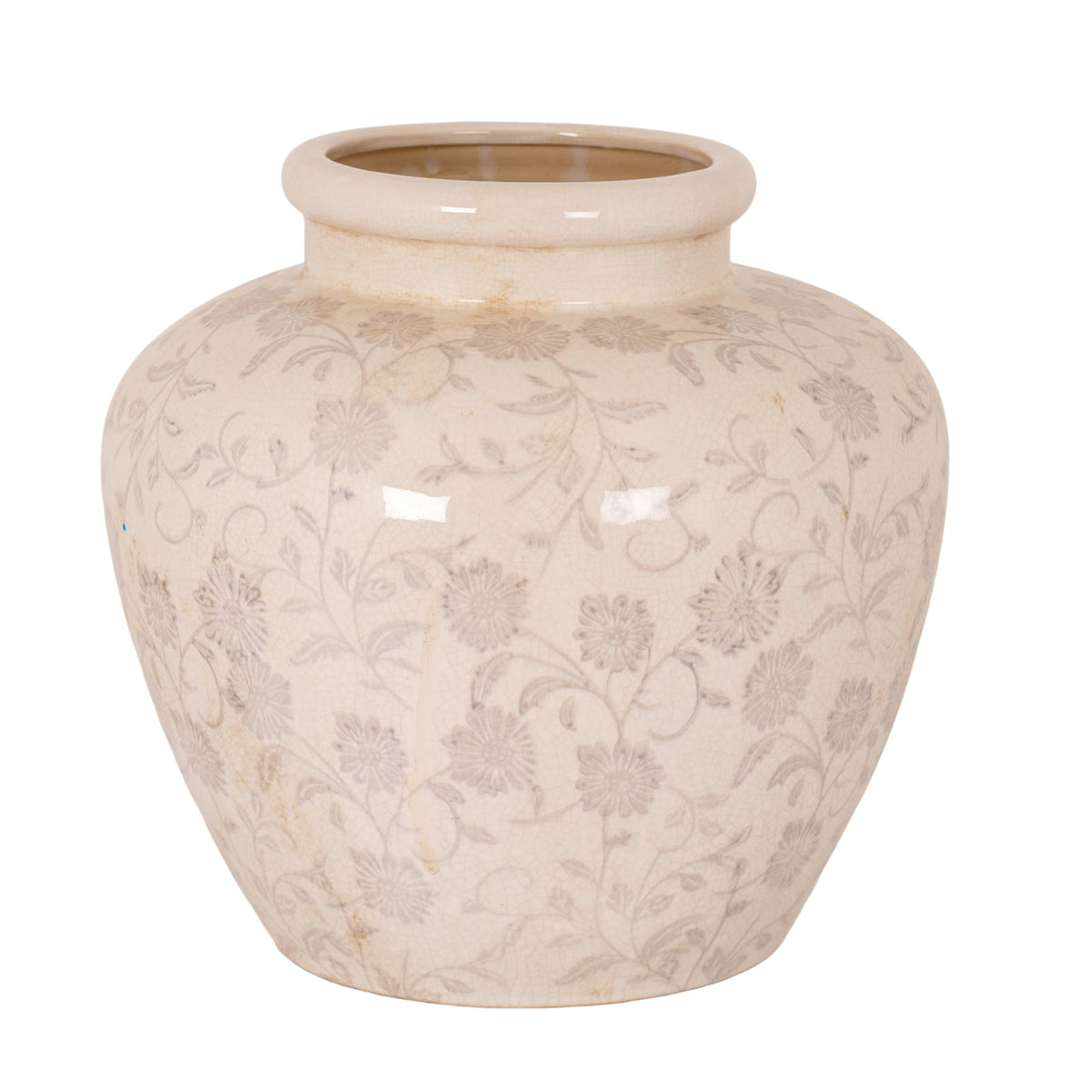 Cream rounded planter with grey flowers and curling scrolls, fine brown crackle-like lines and a wide rolled rim, shown against white.