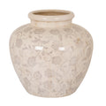Rounded cream planter viewed slightly from above, showing its open rolled rim, pale grey floral scrolls and fine brown crackle-like lines against a white background.