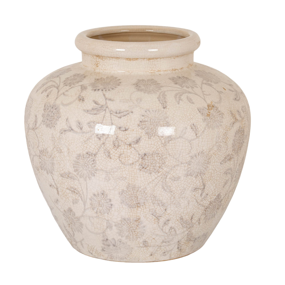 Rounded cream planter viewed slightly from above, showing its open rolled rim, pale grey floral scrolls and fine brown crackle-like lines against a white background.
