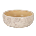 Shallow rounded planter viewed from above the rim, showing its beige interior and glossy cream exterior with faint grey floral scrolls and fine brown crackle-like lines.