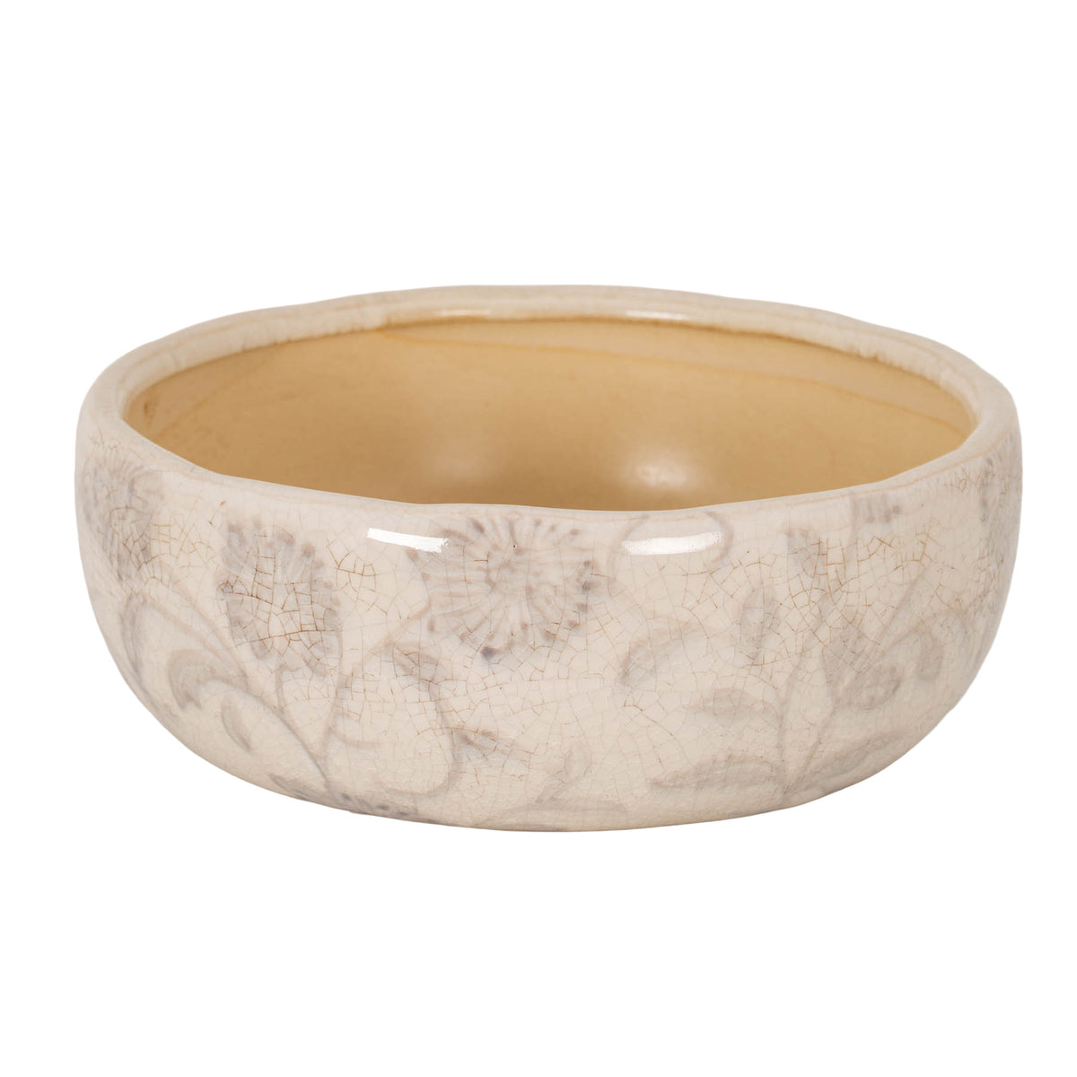 Shallow rounded planter viewed from above the rim, showing its beige interior and glossy cream exterior with faint grey floral scrolls and fine brown crackle-like lines.
