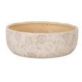 Shallow cream planter viewed from slightly above, showing faint grey floral scrolls, fine brown crackle-like lines and a warm beige interior.