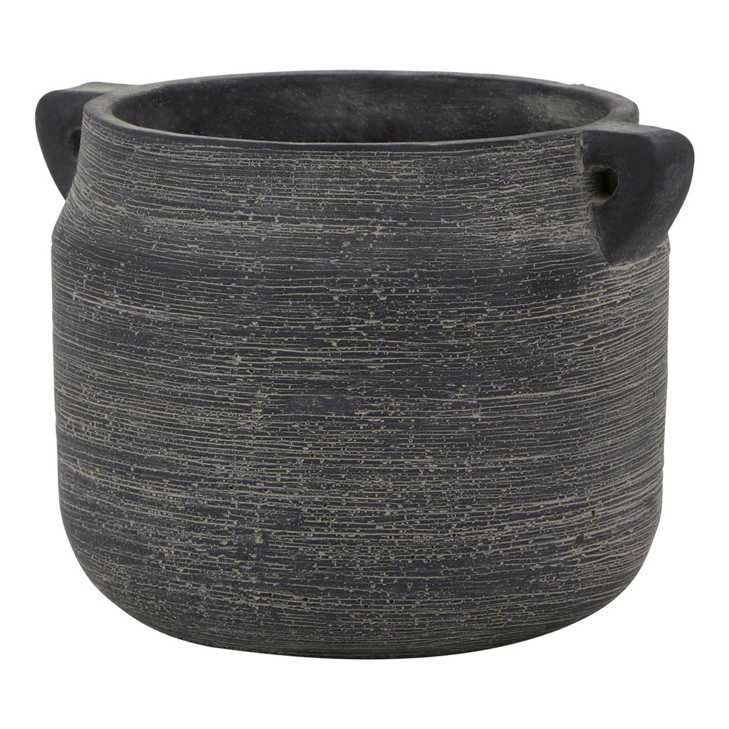 Grey handled pot vase on a white background, showing its rounded body, wide opening and fine pale horizontal lines.