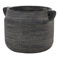 Grey handled pot vase on a white background, showing its rounded body, wide opening and fine pale horizontal lines.