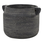 Grey handled pot vase on a white background, showing its rounded body, wide opening and fine pale horizontal lines.