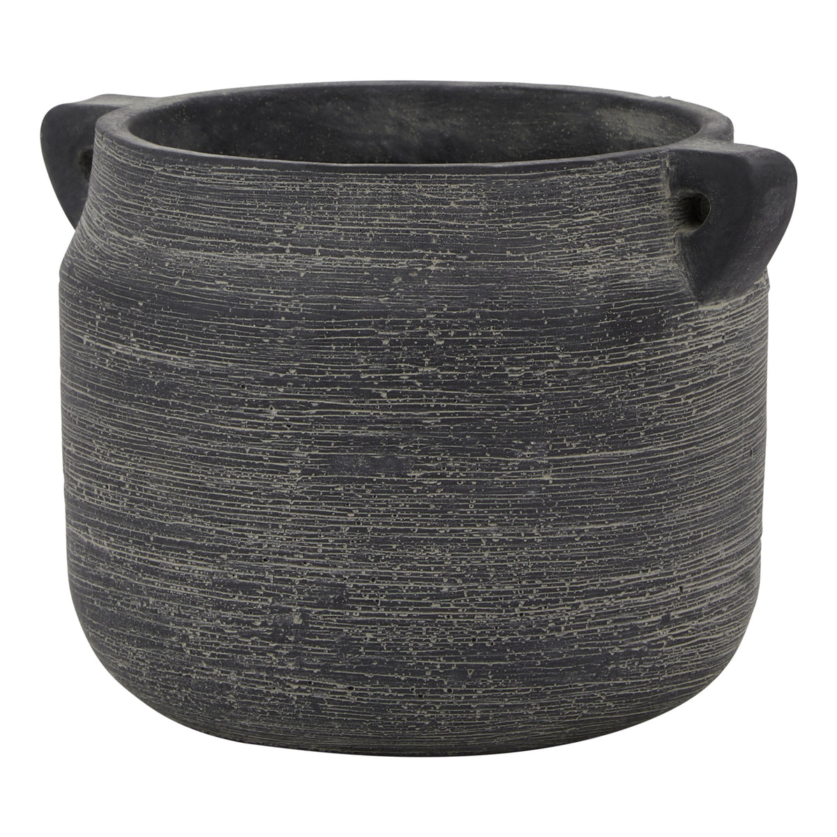 Grey handled pot vase on a white background, showing its rounded body, wide opening and fine pale horizontal lines.