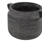 Grey pot vase viewed from above at an angle, showing the broad rim, dark interior and small handles beside the opening.