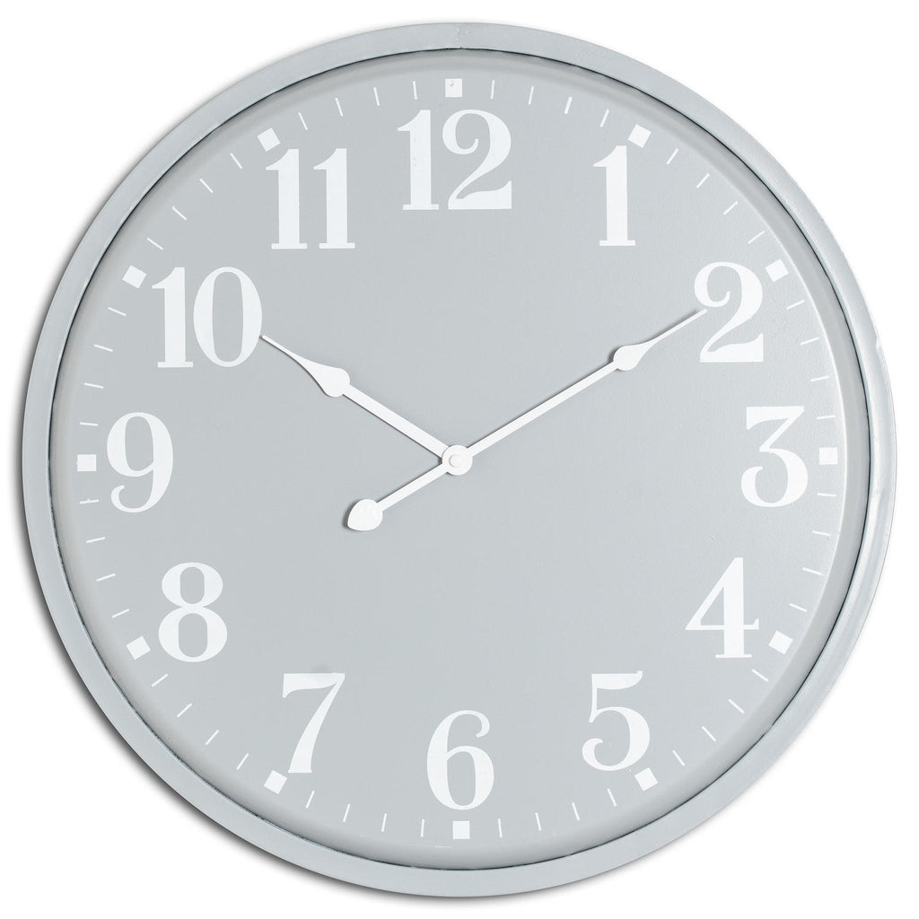 Front view of a round pale-grey wall clock with oversized white numerals, three white hands and a slim matching rim.