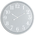 Front view of a round pale-grey wall clock with oversized white numerals, three white hands and a slim matching rim.