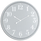 Front view of a round pale-grey wall clock with oversized white numerals, three white hands and a slim matching rim.