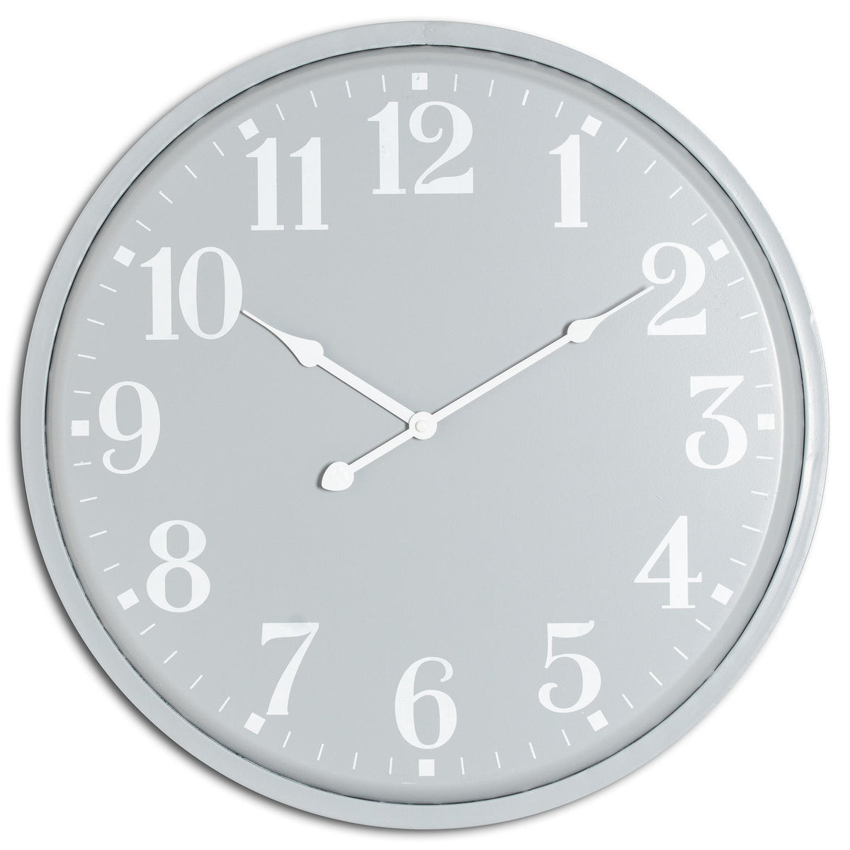 Front view of a round pale-grey wall clock with oversized white numerals, three white hands and a slim matching rim.