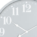 Close-up of the grey clock face showing white numerals 10, 11 and 12, minute marks and the shaped white hands.