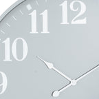 Close-up of the grey clock face showing the white 10, 11 and 12 numerals, fine minute marks and shaped white hands.