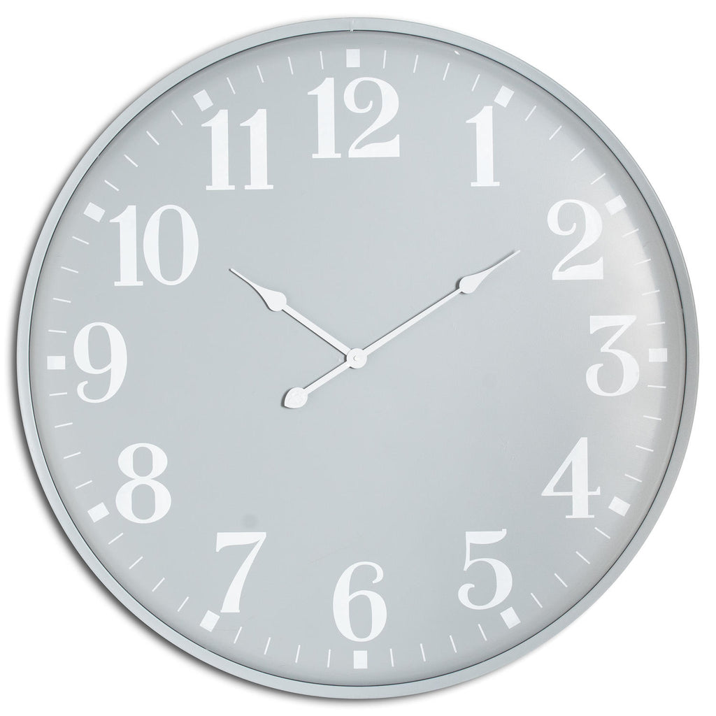 Front view of a round pale-grey wall clock with oversized white numerals, minute marks and three white hands.
