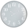 Front view of a round pale-grey wall clock with oversized white numerals, minute marks and three white hands.