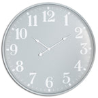 Front view of a round pale-grey wall clock with oversized white numerals, minute marks and three white hands.