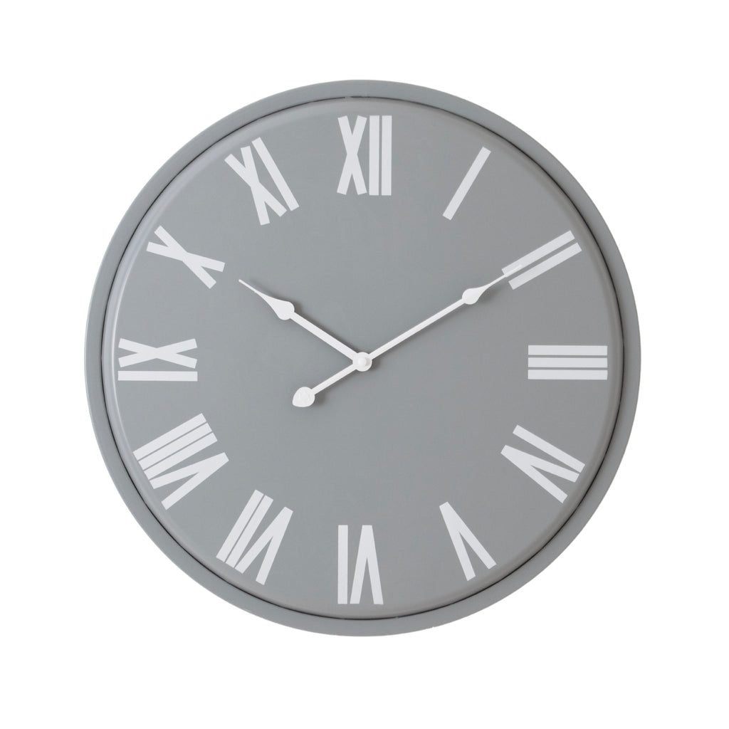 Round light-grey wall clock with a slim grey rim, oversized white Roman numerals and three white hands against a white background.