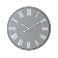 Round light-grey wall clock with a slim grey rim, oversized white Roman numerals and three white hands against a white background.