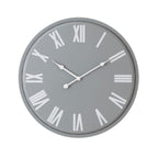Round light-grey wall clock with a slim grey rim, oversized white Roman numerals and three white hands against a white background.