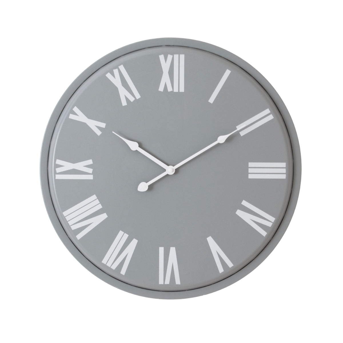 Round light-grey wall clock with a slim grey rim, oversized white Roman numerals and three white hands against a white background.