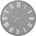 Front view of a round grey wall clock with oversized white Roman numerals, three white hands and a slim grey rim.
