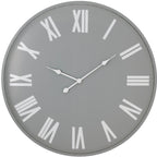 Front view of a round grey wall clock with oversized white Roman numerals, three white hands and a slim grey rim.