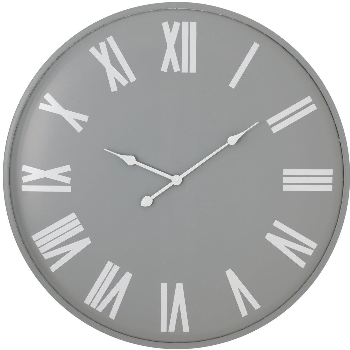 Front view of a round grey wall clock with oversized white Roman numerals, three white hands and a slim grey rim.