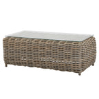 Low rectangular table with rounded grey woven sides and a transparent-looking top through which the weave is visible.