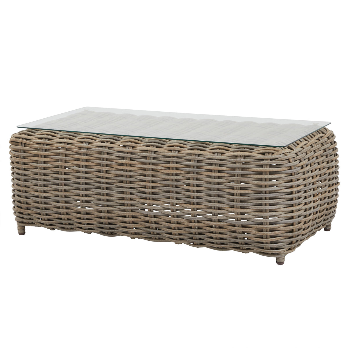 Low rectangular table with rounded grey woven sides and a transparent-looking top through which the weave is visible.