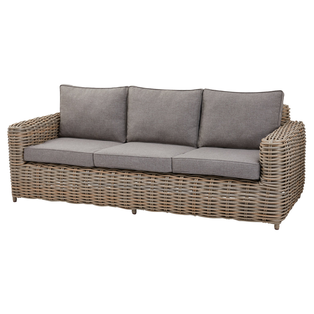 Front angled view of a grey woven sofa with rounded arms and three pale grey seat and back cushions against a white background.