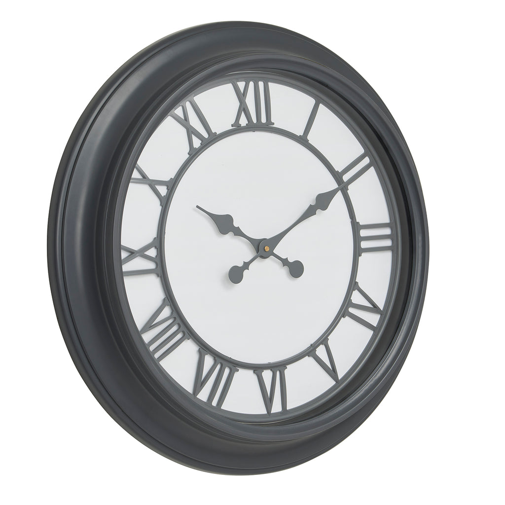 Angled front view of the Greyhand Ring Wall Clock with a broad dark rim, grey Roman numerals and ornate hands against a pale centre.
