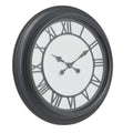 Angled front view of the Greyhand Ring Wall Clock with a broad dark rim, grey Roman numerals and ornate hands against a pale centre.