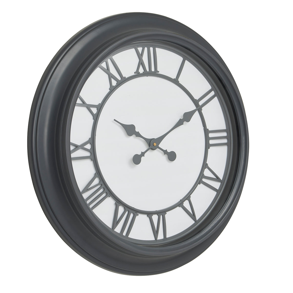 Angled front view of the Greyhand Ring Wall Clock with a broad dark rim, grey Roman numerals and ornate hands against a pale centre.